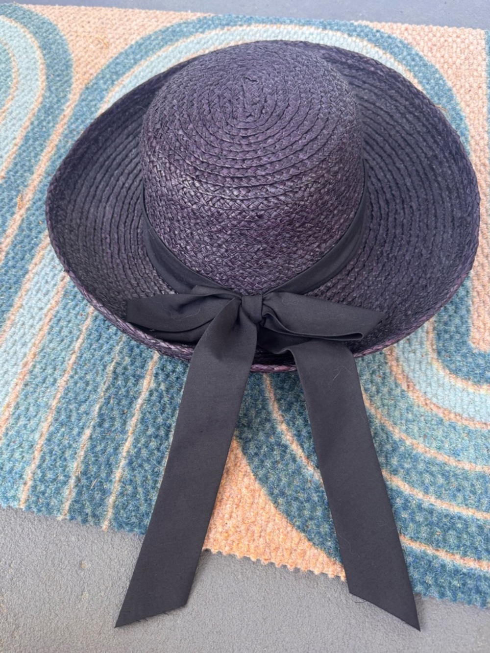 Maude Stewart Women’s Wide Brim Navy Straw Sun Hat with Black Ribbon